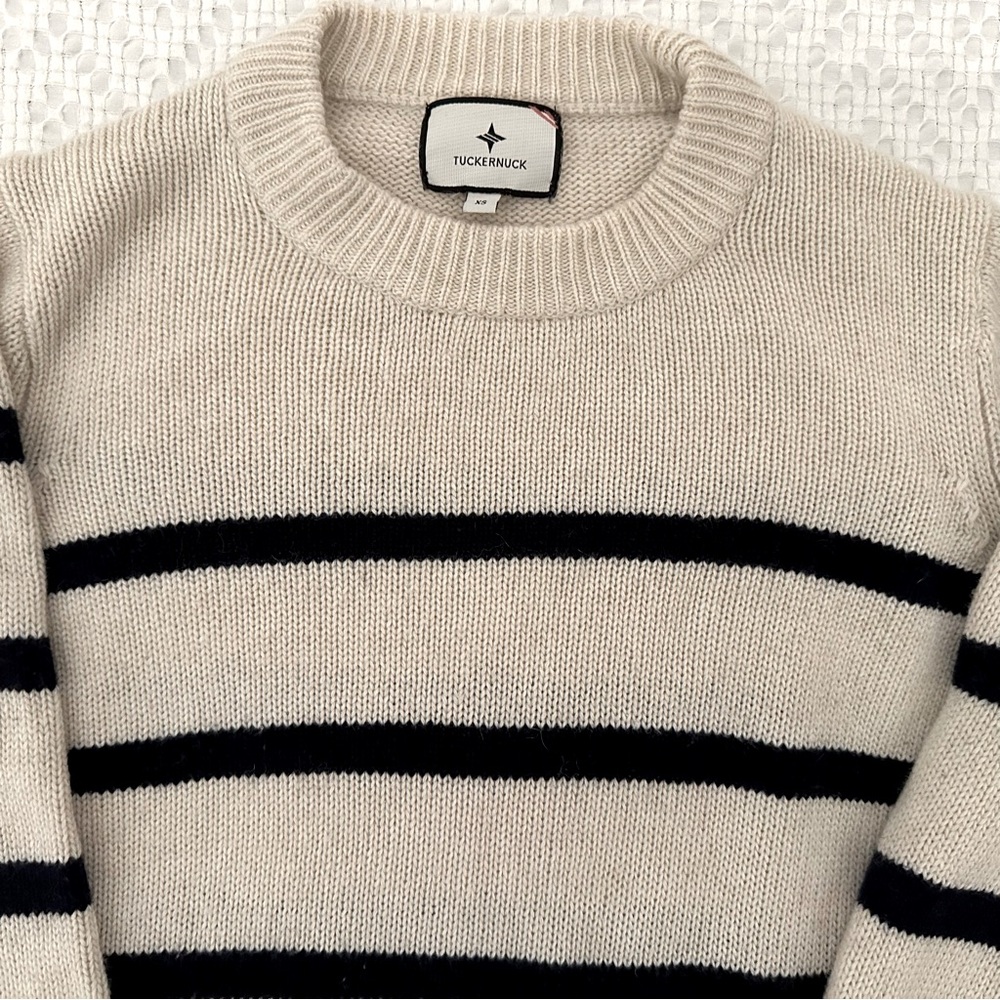 Tuckernuck Bar Harbor Oatmeal/Navy Striped Sweater in Wool/Cashmere/Viscose XS - Picture 3 of 9